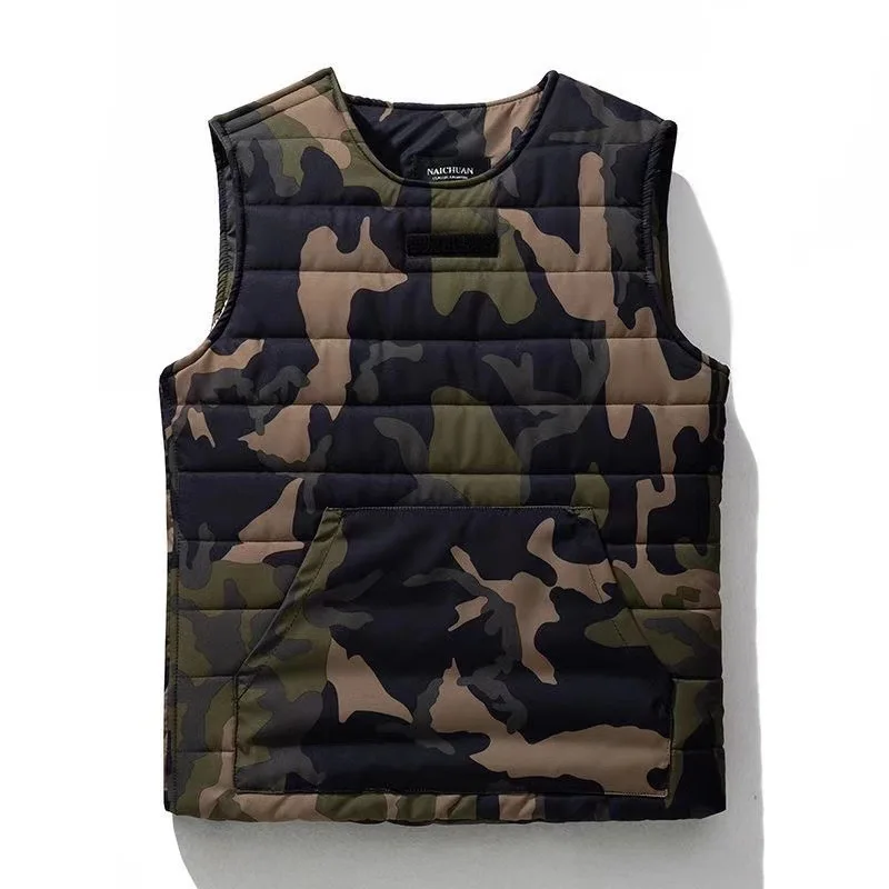 #3647 Black White Camouflage Pullover Vest Coat Men O-Neck Slim Sleeveless Vest Waistcoat Front Pockets Warm Men's Vest Winter