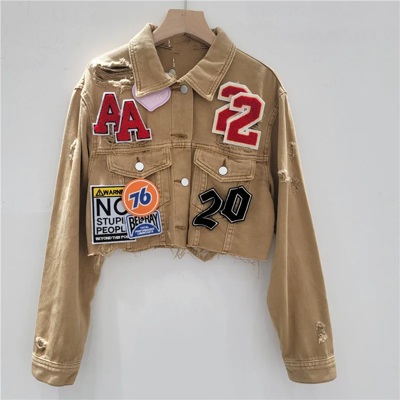 Retro Woman Spring Autumn Numbers Badge Labeled Denim Jacket Handsome Ripped Jeans Coat High Waist Cowboy Bomber Cardigan Tops