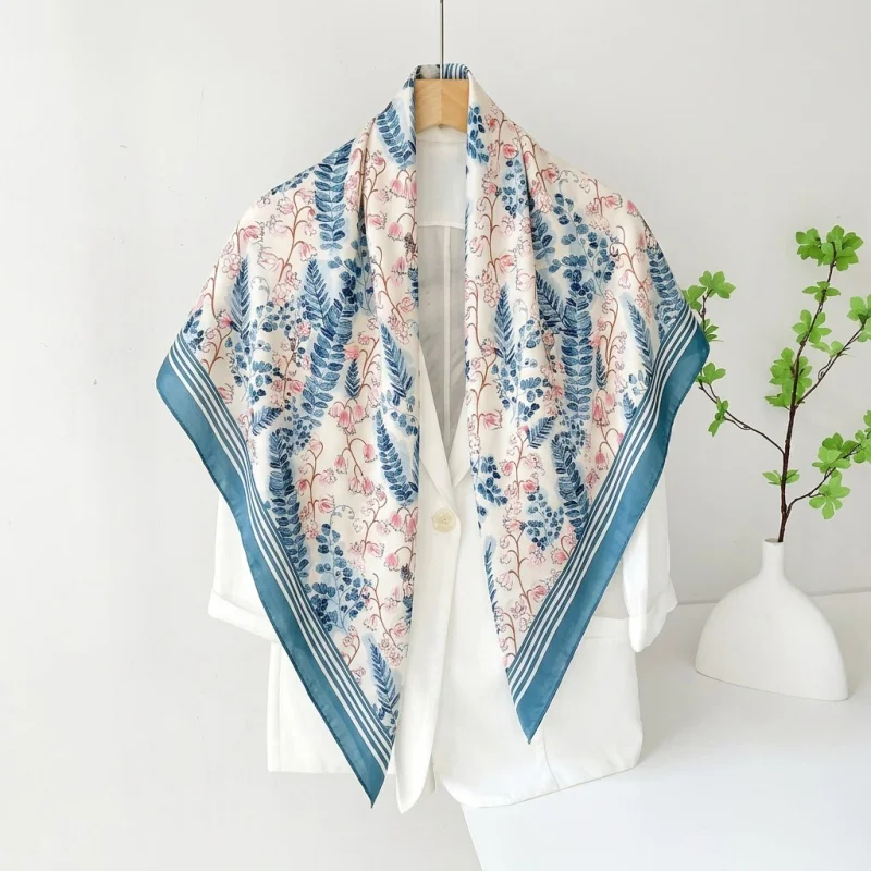 

Vintage Satin Square Scarf Women Summer Hijab Delicate Fern Floral Print Lightweight Neck Wrap Hair Tie Casual Travel Headwear