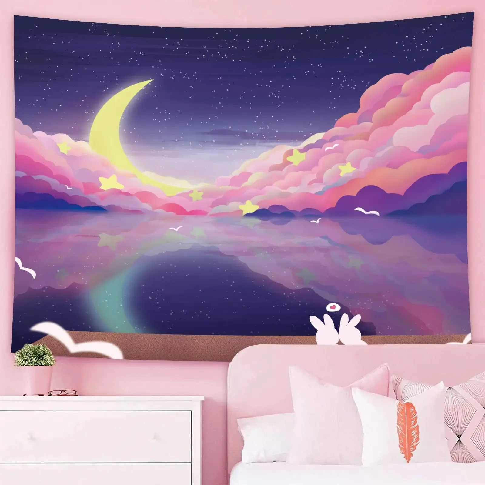 Night sky moon pattern tapestry room wall background cloth kawaii pink clouds bedroom living room hanging cloth