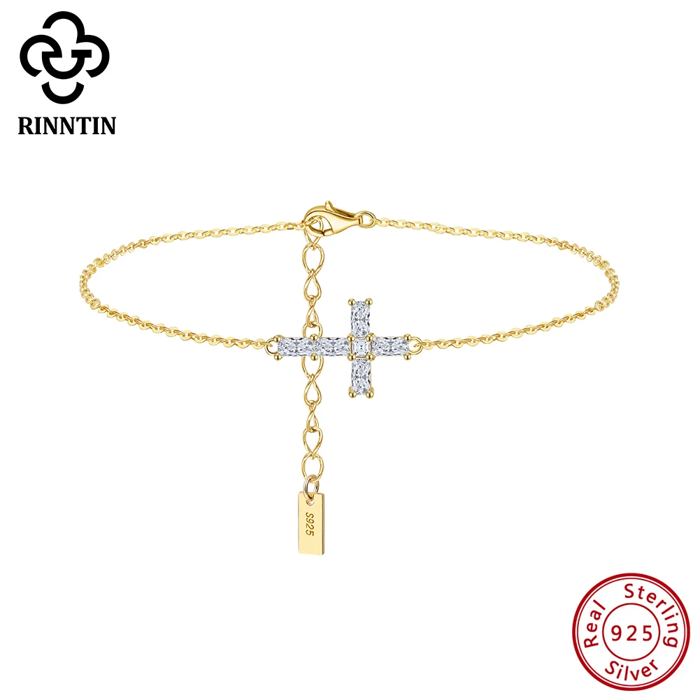 

Rinntin Certified 925 Sterling Silver Simple Cross Chain Bracelets Moissanite Diamond Bracelet for Women Hand Jewelry SMOB03