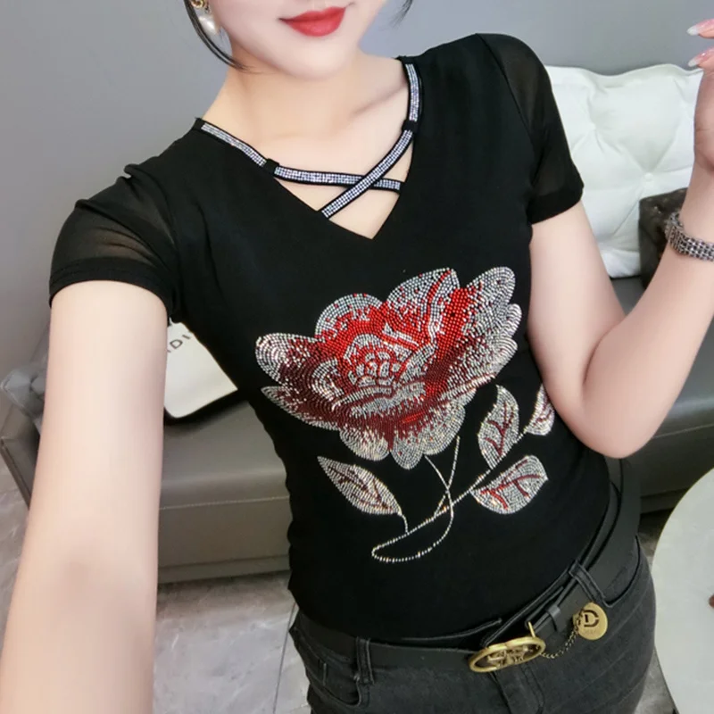 

#5129 Black Blue Mesh T Shirt Women With Diamonds Slim Sexy Short T Shirt Female V-Neck Basic Tops Korean Style Tee Shirt Femme