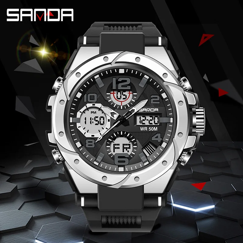 SANDA Men Sports Watches Dual Display Analog Digital LED Electronic Quartz Wristwatches Waterproof Swimming Military Watch 6008