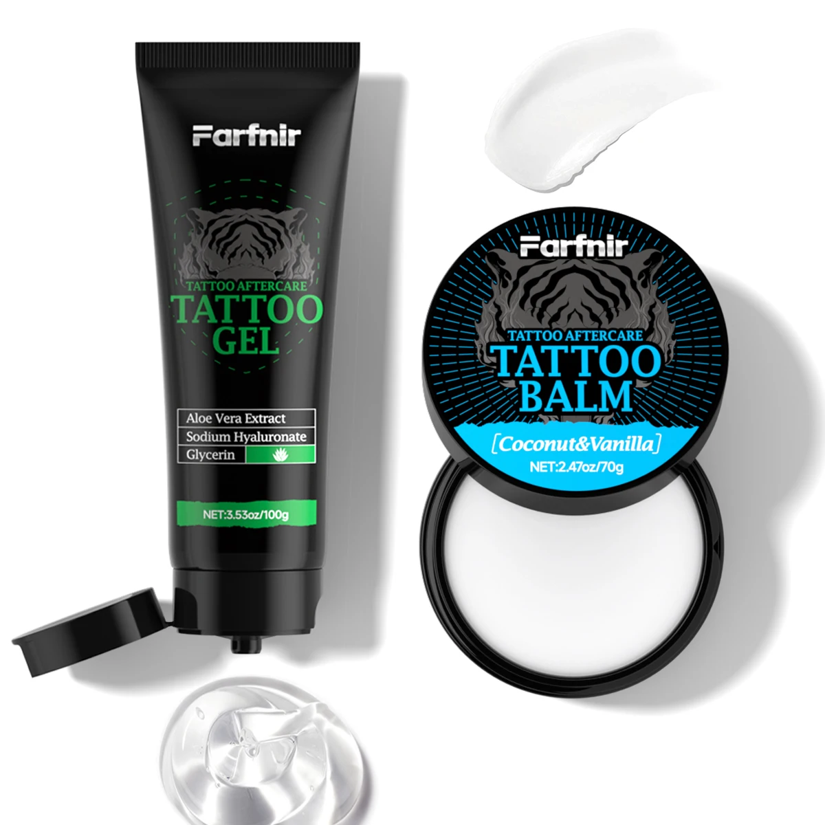 

The 2.47oz/70g Tattoo Balm and 3.53oz/100g Tattoo Gel provide aftercare for everyday tattoo colors.