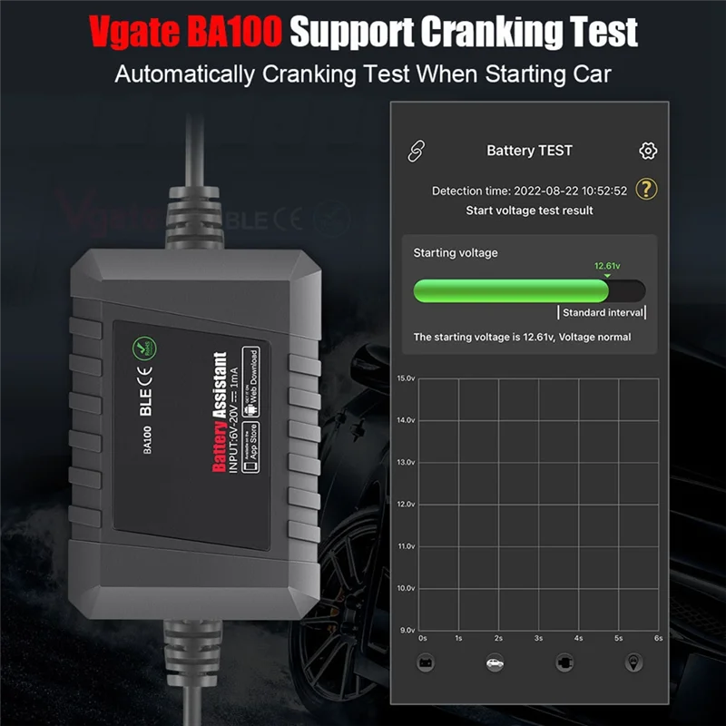 

NEW-1 Piece BA100 Car Battery Tester Battery Assistant Bluetooth 4.0 Wireless Monitor Diagnositic Analyzer For Android & IOS