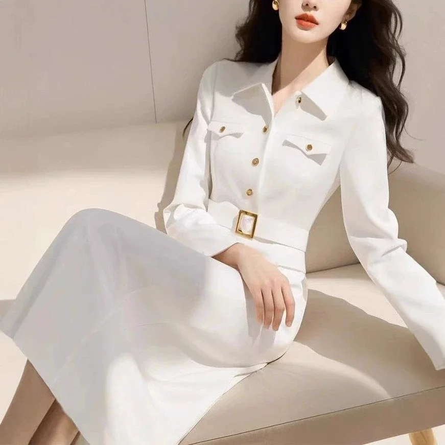 Damen Weißes Langarm-Hemdblusenkleid mit Gürtel, A-Linien-Midikleid, Elegantes Casual Büro-Arbeitskleid 2026, Modische Pendler-Kleider für Damen
