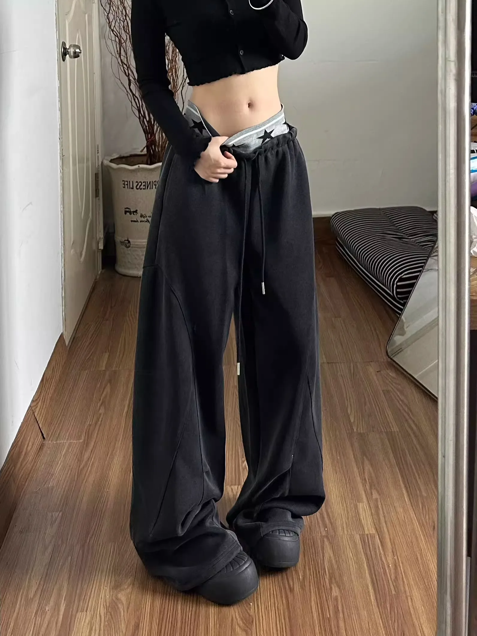 

American Style Casual Sporty Wide Leg Pants Women's Spring Autumn Loose Fit Trousers Fashionable Patchwork Long Trousers