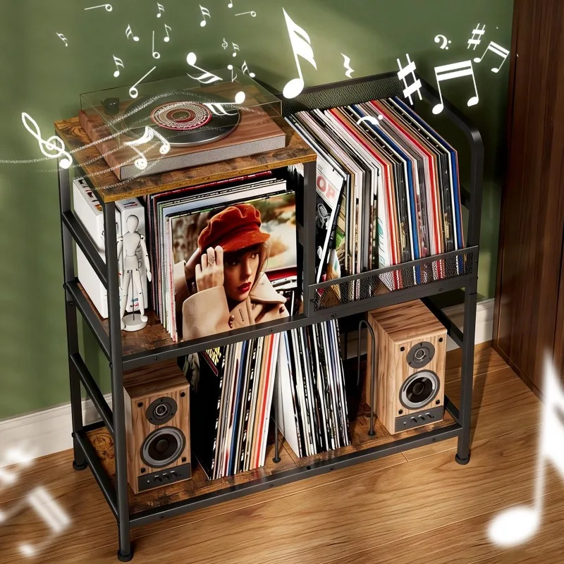 Vintage 3-Tier Large Record Player Table, Vinyl Storage Cabinet with 4 Adjustable Baffles for LP Collection