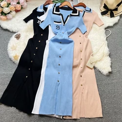 YuooMuoo 2025 New Summer Women Knitted Long Dress Elegant Embroidery Slim Elastic Bodycon Sweater Dress Office Lady Vestidos