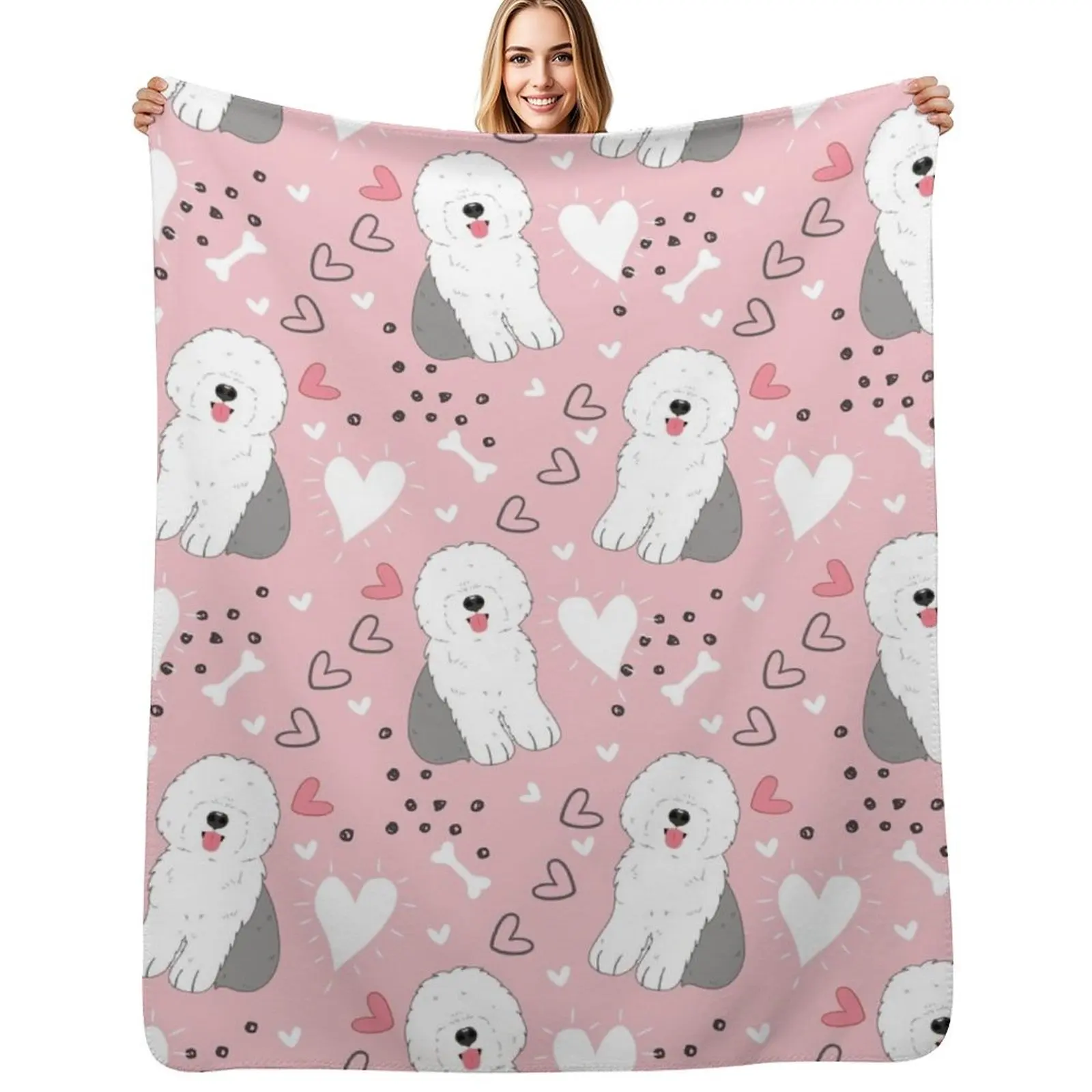 Cute Grey Gray and White Old English Sheepdog Puppy Throw Blanket Camping Bed Fashionable Bed covers Softest Polar Blankets