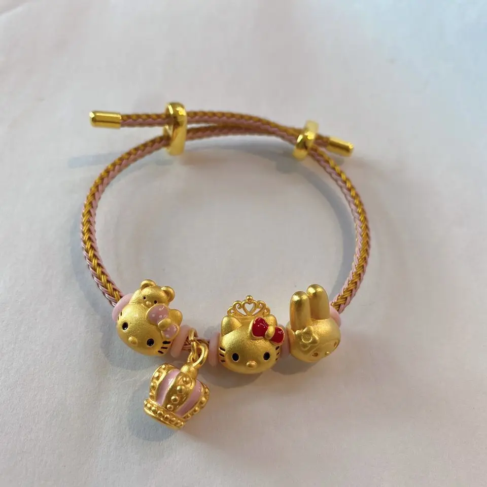 

Miniso New Gold-Plated Cute Crown Hello Kitty Long-Eared Rabbit Bracelet Dly Spacer Bead Pendant Adjustable Steel Wire Rope