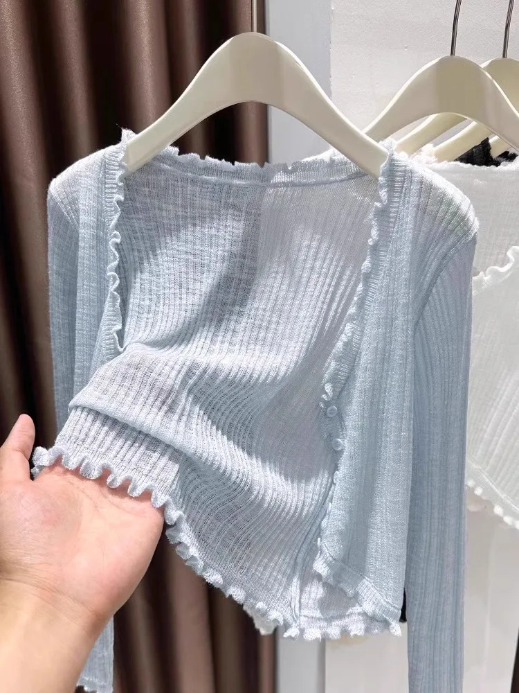 

Blue Ice Silk Knitted Thin Cardigan Women Summer with Sling Dr Outer Thin Micro Transparent awl V-ne Ear Cover irt