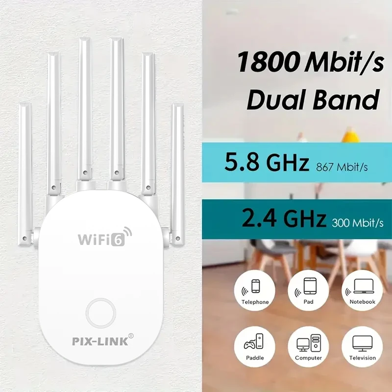 PIX-LINK 1800Mbps WiFi 6 Range 2.4G/5.8GHz Dual Band Signal Booster with WPS Setup Home/Office WiFi Dead Zone Solution AX26