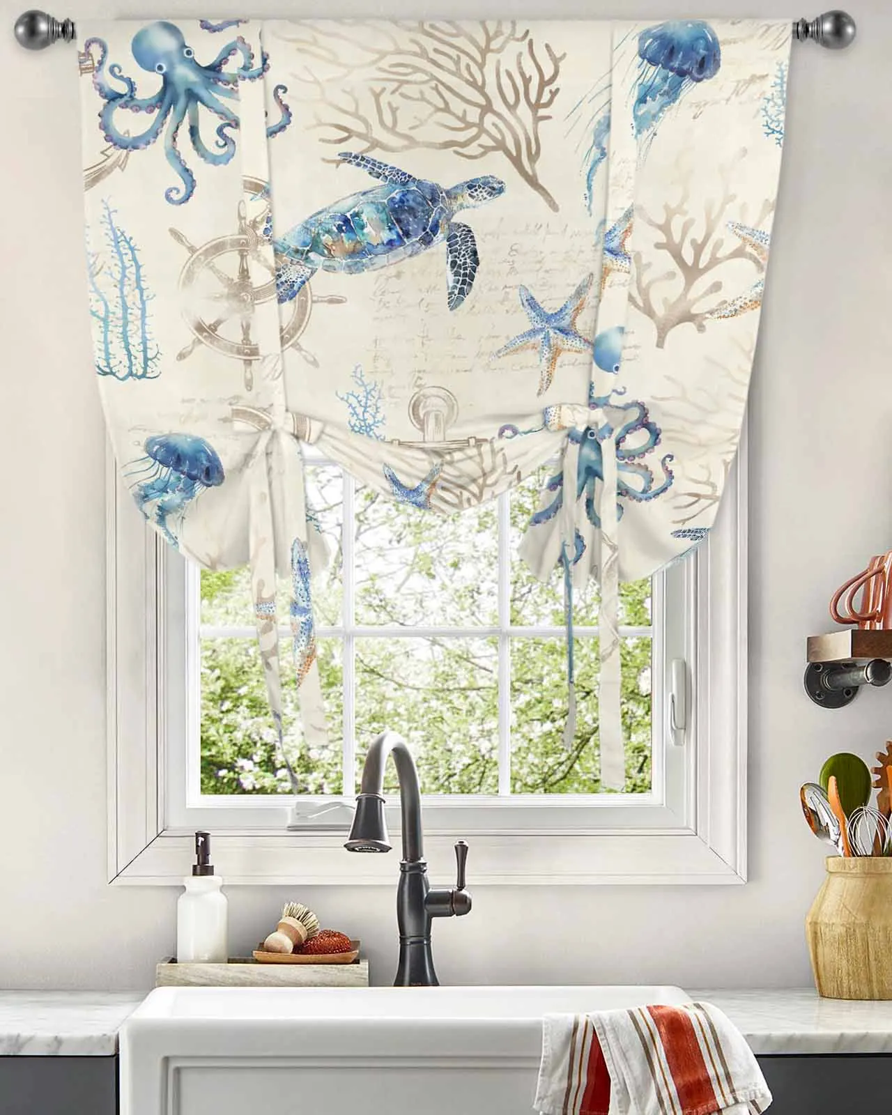 Summer Ocean Coral Turtle Anchor Window Curtains Tie Up Curtains for Kitchen Living Room Adjustable Rod Pocket Valances