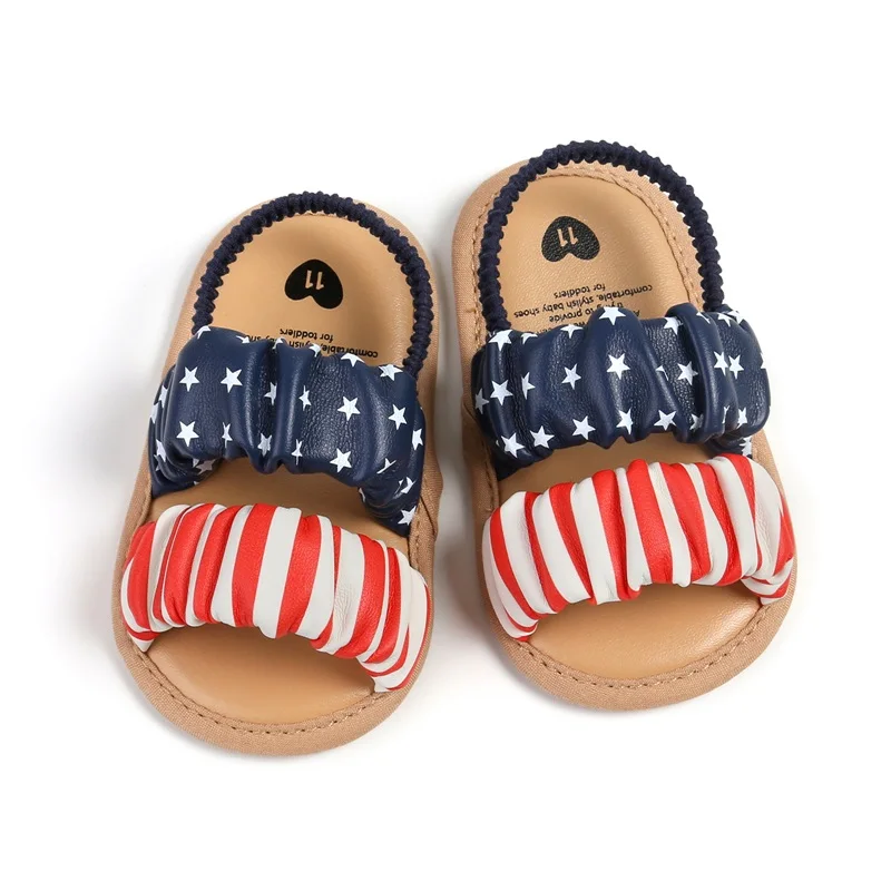 Baby Girls Boys Sandal Set PU Leather Flexible Non-slip Stars Striped Summer Flats 4th of July Shoes with Headband