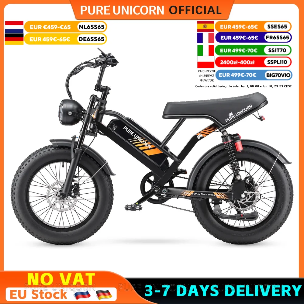 Vélo électrique PURE UNICORN U5 pour adultes, 48V 1000W 19.2Ah, moto, 45KM/H, pneus larges, vélo électrique puissant, style cyclomoteur, vélo électrique pour hommes