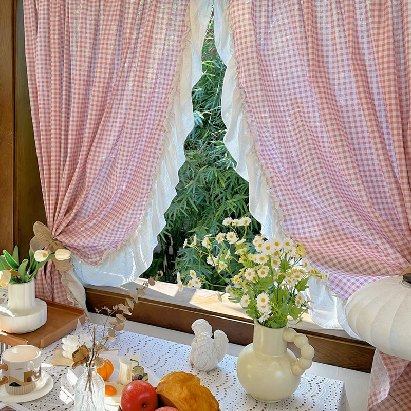 2Pieces ,Pink Lattice Opaque Curtain with Ruffled Lace Drapes For Living Room,Princess Window Treatment for Daughters Bedroom
