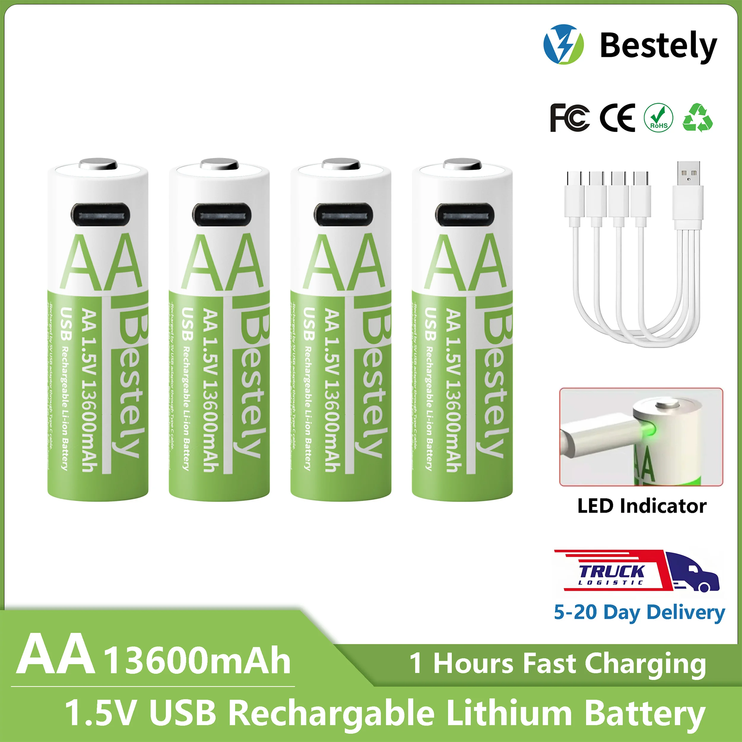 Type-C Ultra Massive Capacity Battery AA 1.5V 13600mAh Lithium Rechargeable Batteries Output Voltage Stable Power Supply,