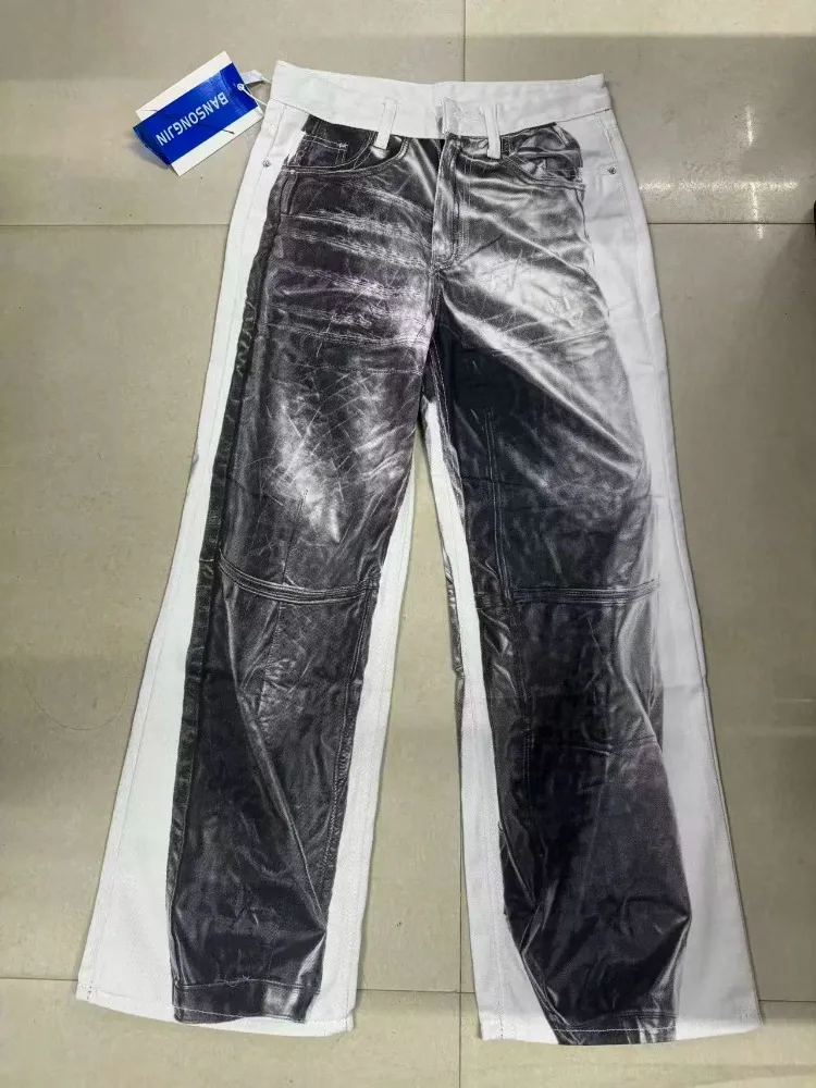Women's Jeans Print Pattern Vintage Sweatpants 90s Cool Girl Bottoms Summer White Pants Female Baggy High Waist Trousers