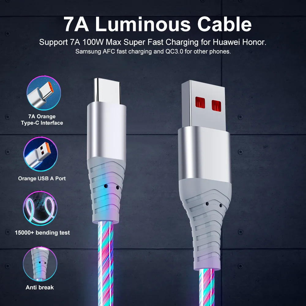 MVQF  New 120W 7A Flow Luminous USB Type C Cable for Huawei P50 Honor  Fast Charging USB C Charger Data Cable for Xiaomi Samsung