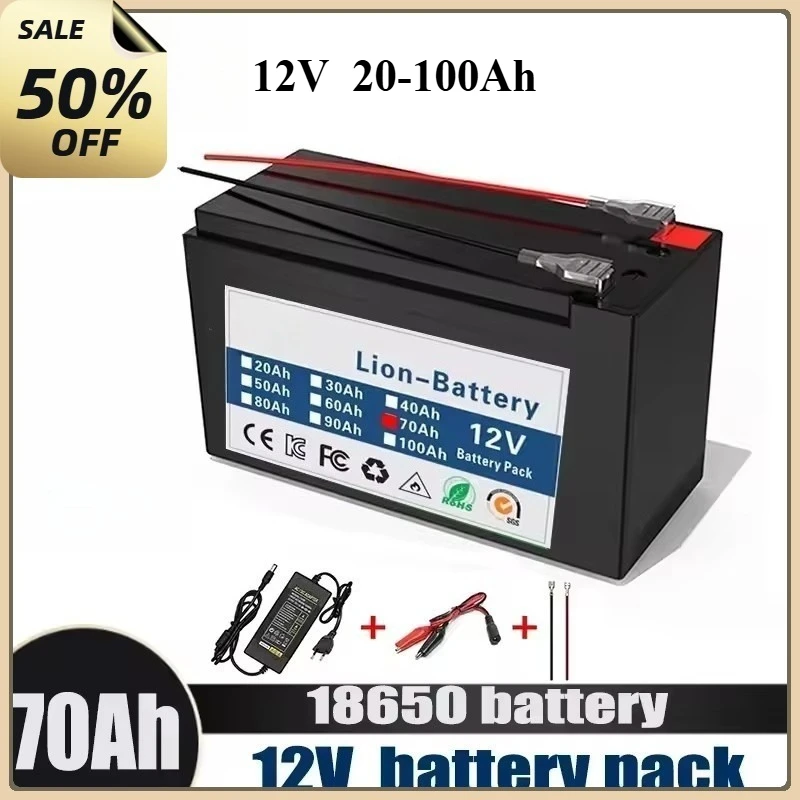 12V 3S Series 20-100Ah Rechargeable Lithium Battery with Charger High Capacity for LED Light Camera Battery