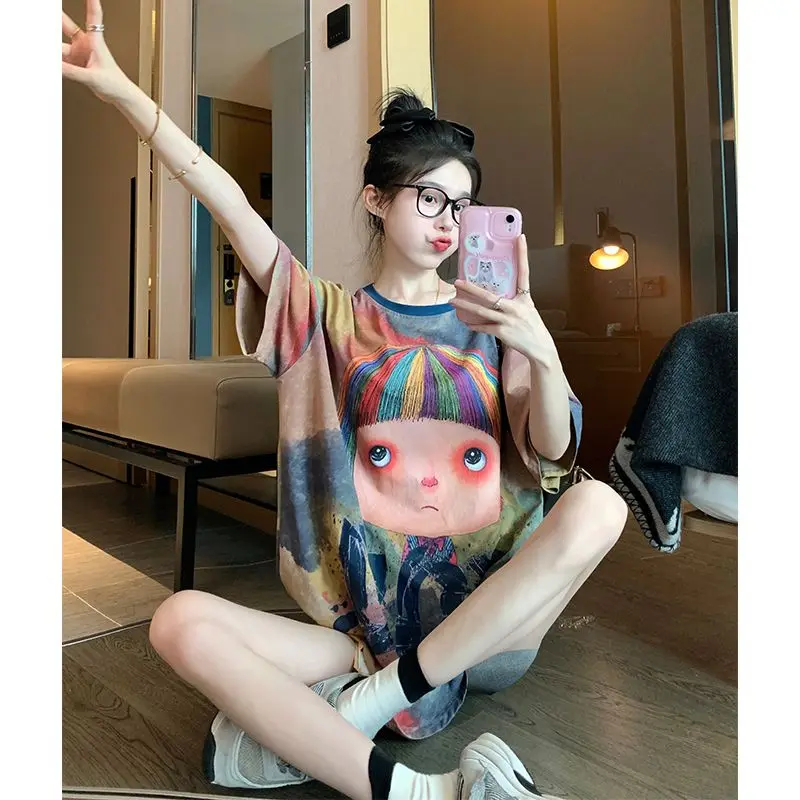 Ponadgabarytowy letni Casual koreański nadruk wielokolorowy O-neck luźny top Tee odzież damska Trend śliczny napis cienki T-Shirt damski