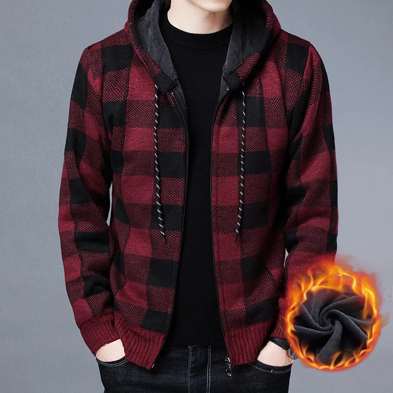 Men Sweater Jacket Fashion Winter Coat Fleece Hoodies High Quality Luxury Checkered Hooded Knit Cardigan Male Outer Wear