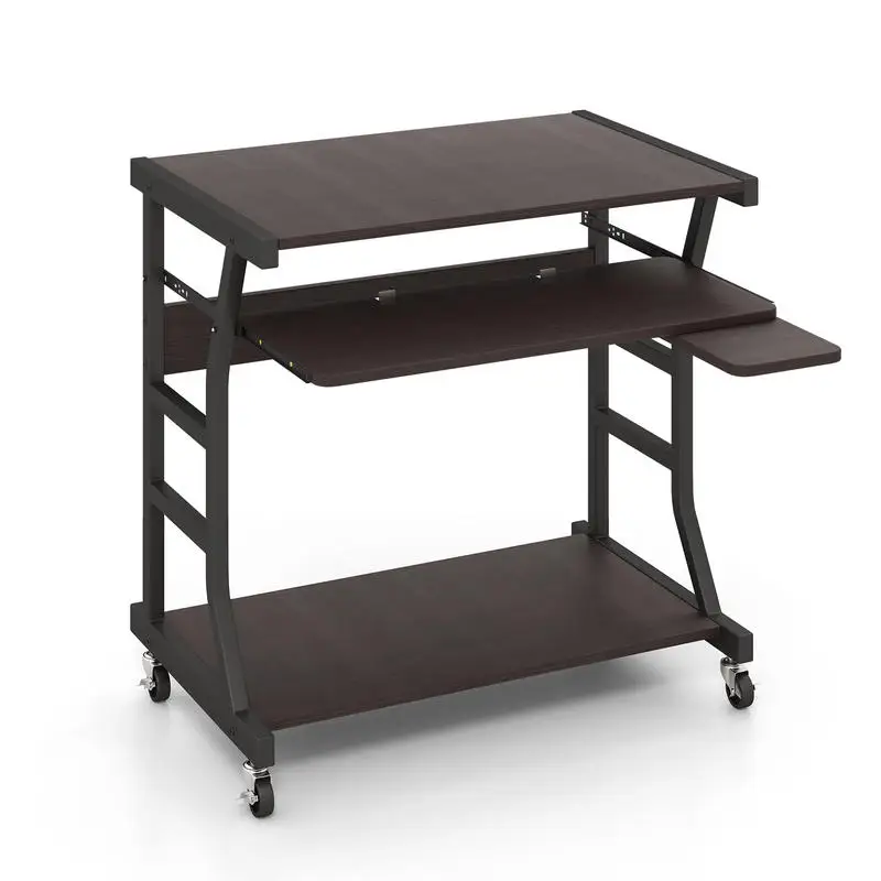 Mobile Computer Desk With Keyboard And Mouse Tray, Rolling Metal Workstation With CPU Stand And Storage Shelf For Home Office Study, Dark Brown