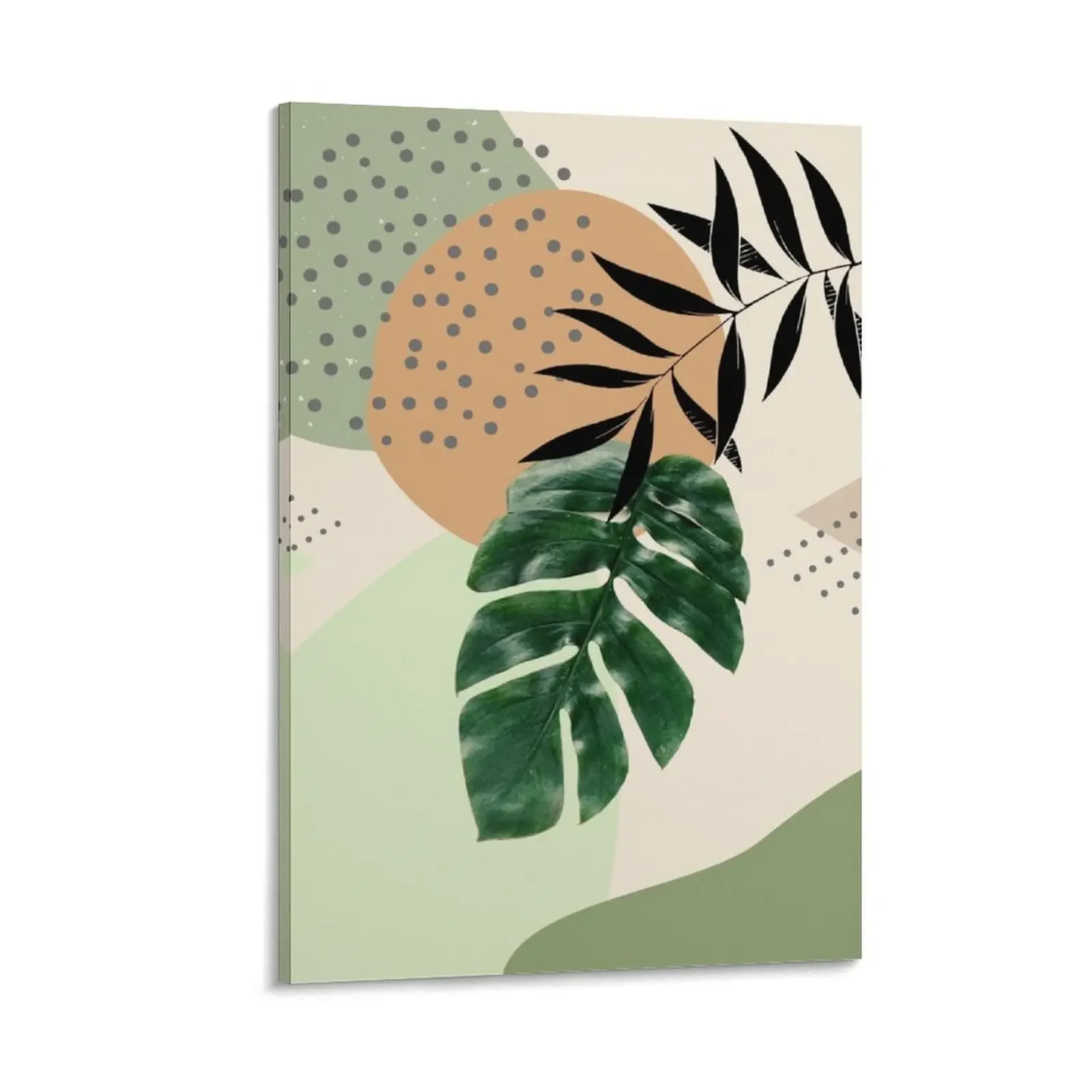 

Tropical Monstera Abstract Art with soft shapes in warm earthy tones with green leaves I Canvas Painting decoration for the room
