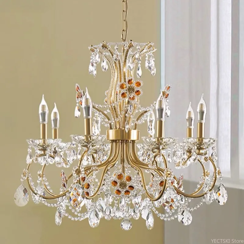 French style pearl petal crystal pendant light, European style villa living room main light, large bedroom light