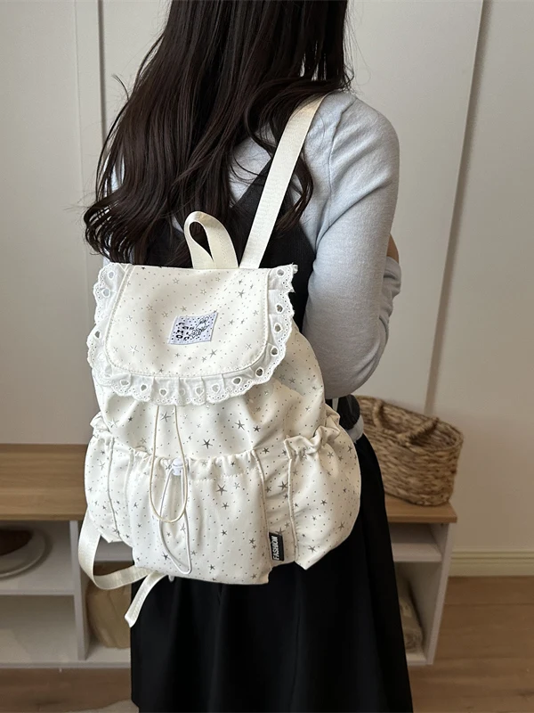 Commuting Travel Star Drawstring Women's Backpack Soft Handle Youth Polyester Fabric Anti-Light Splash Waterproof Canvas Strap
