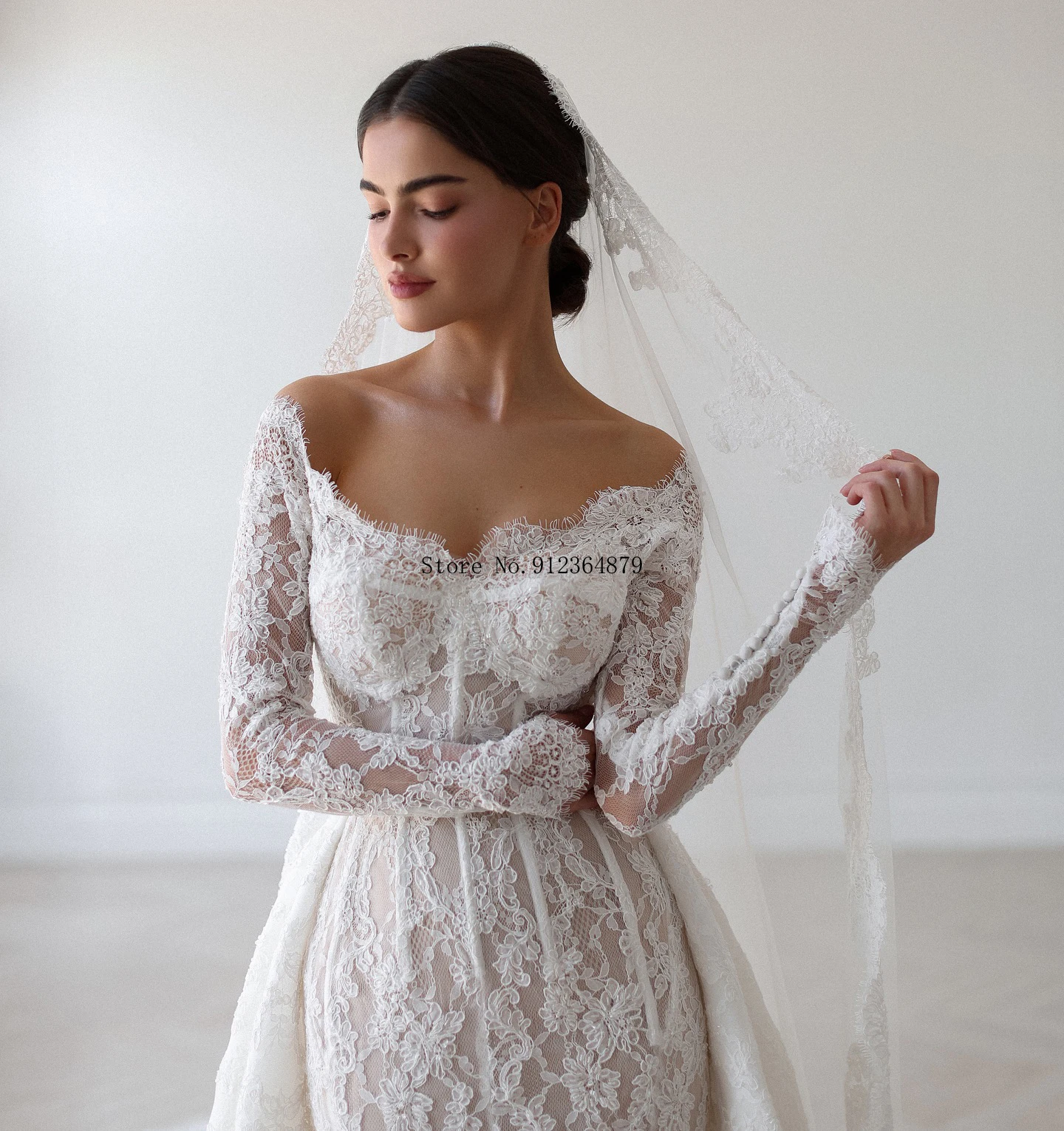 Vestido de novia elegante personalizado, vestido de novia de sirena de encaje con cola de catedral y velo, detalles de encaje, vestido de novia para novias