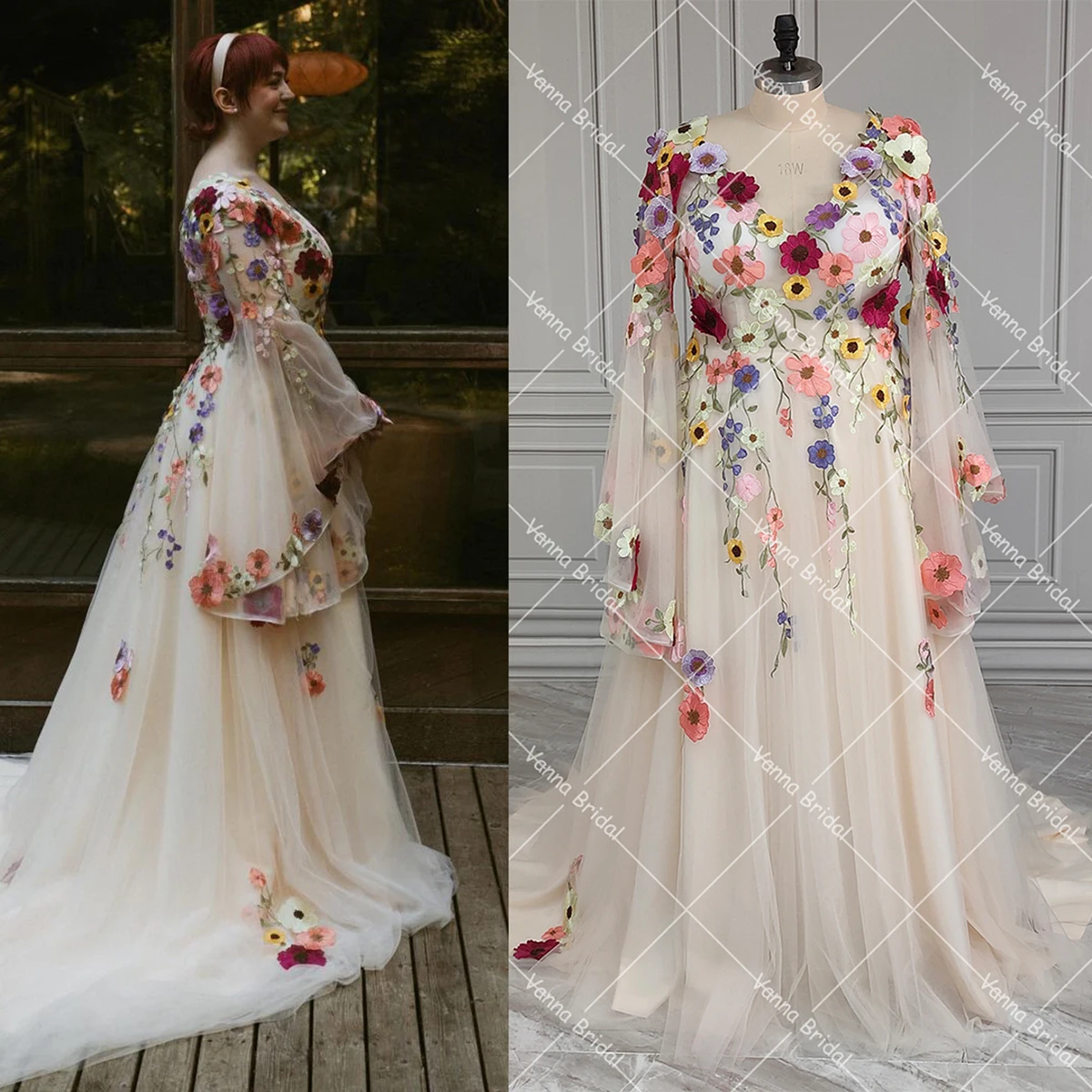 

Large Size Colorful Wedding Photography Dress Long Wide Batwing Sleeves Custom Made Backless Zipper Embroidered Bridal Gowns