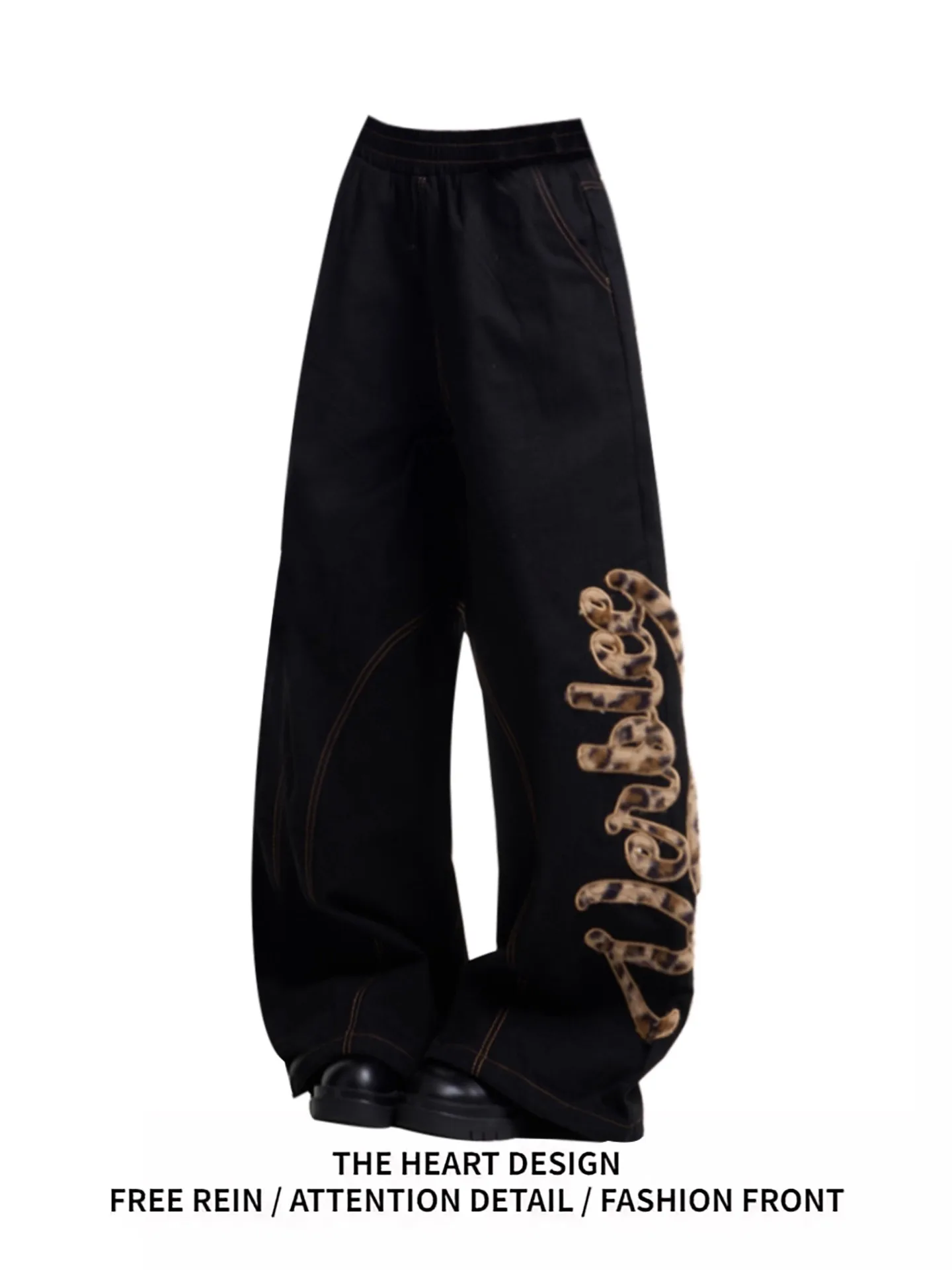 

Retro American Spliced Leopard Print Wide Leg Casual Pants Women's Autumn Winter New Sle Loose Knife Jeans