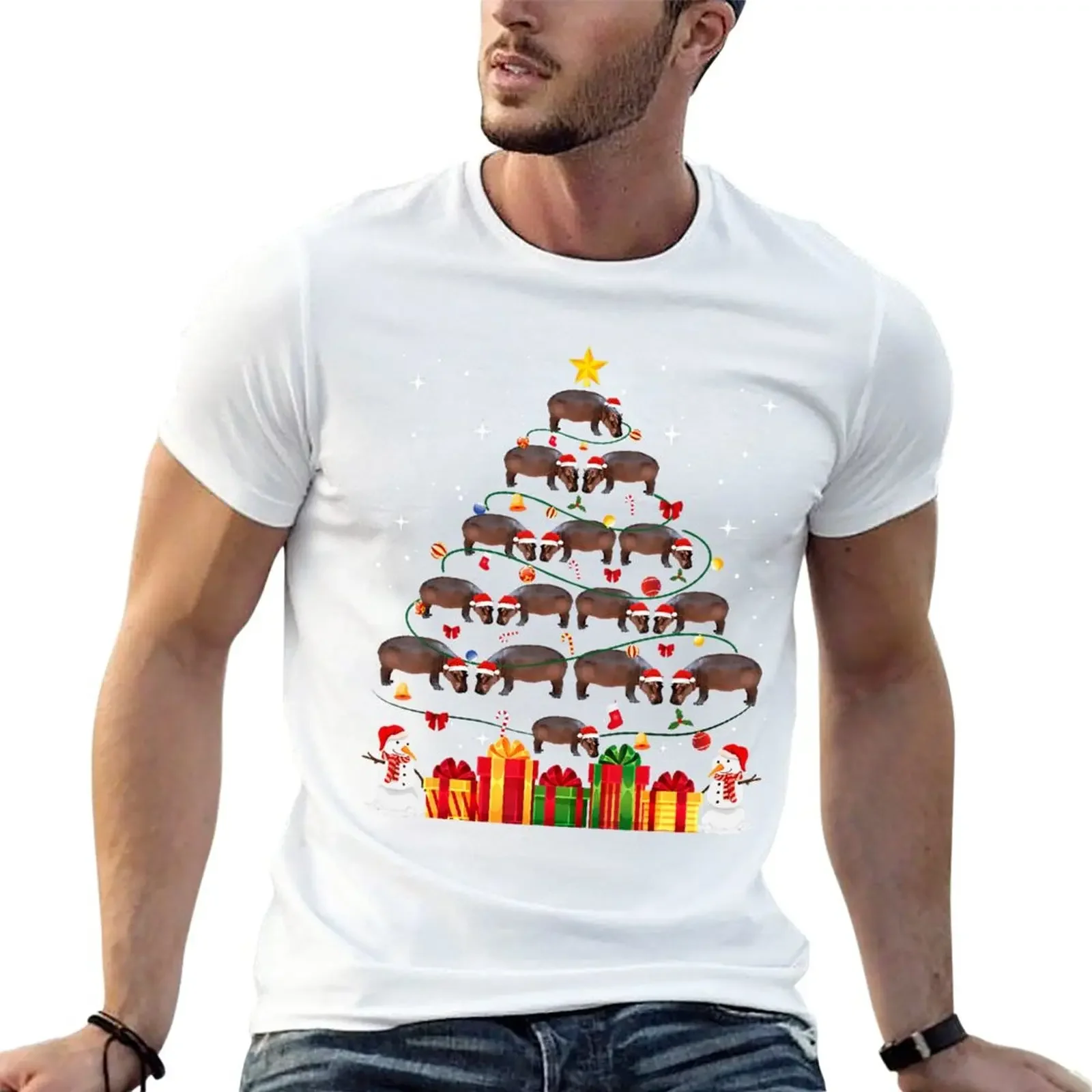 

Hippo Christmas Tree Cute Xmas Gift Lover Lights Animals T-Shirt blacks kawaii clothes sublime Men's cotton t-shirt