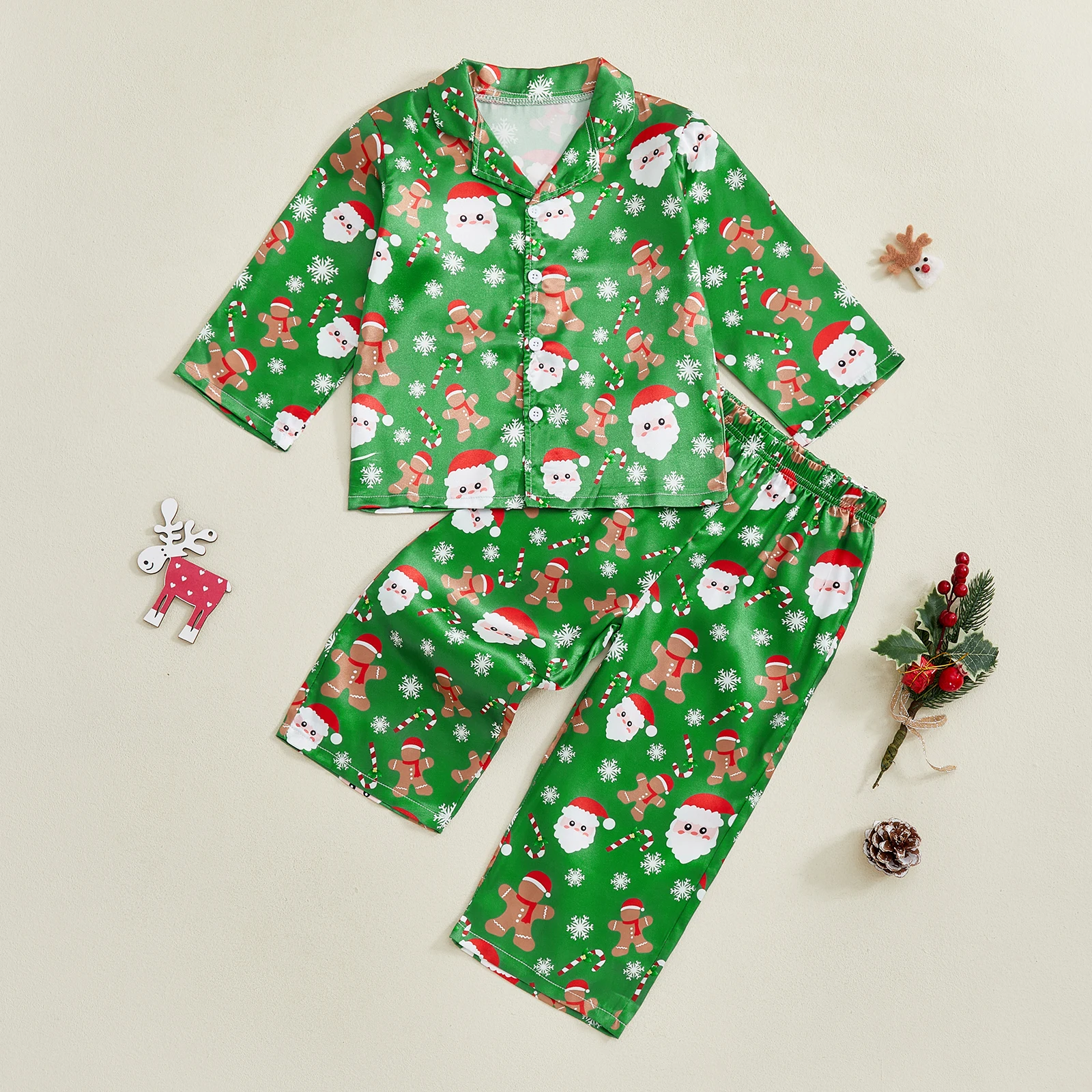 

1-4 Years Kids Girls Christmas Pajamas Set Santa Claus Print Long Sleeve Tops with Elastic Waist Pants Sleepwear