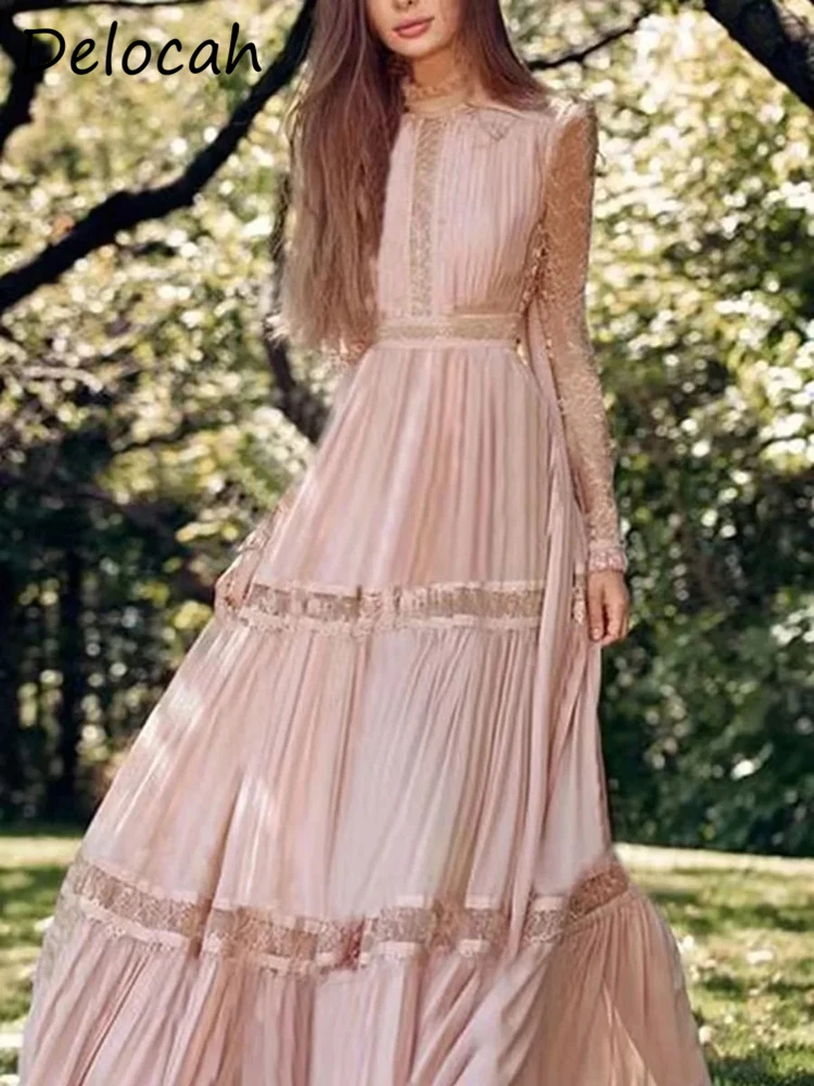 Delocah High Quality Autumn Women Fashion Runway Long Dress Lantern Sleeve Elegant Big Swing Lace Trim Hem Pink Print Dresses