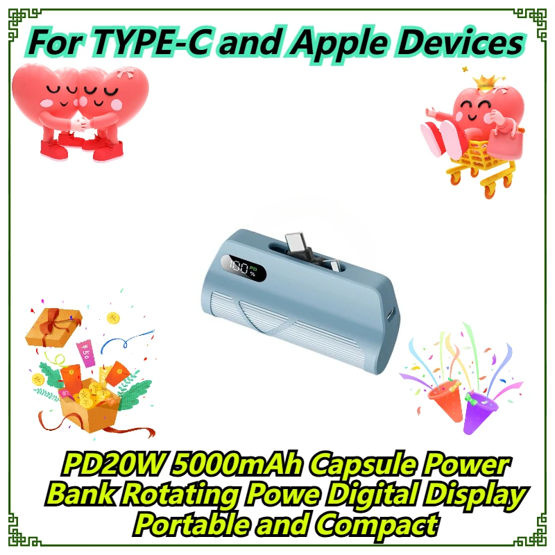 

PD20W 5000mAh Capsule Power Bank Rotating Powe Digital Display Portable and Compact For TYPE-C and Apple Devices