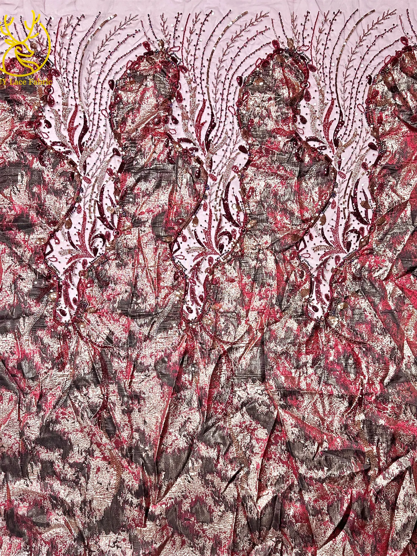 Burgunderroter neuer Design afrikanischer schwere Perlen-Chiffon-Spitzenstoff 2026 Hochwertiger nigerianischer Pailletten-Spitzenstoff für Partykleider – Detail 6