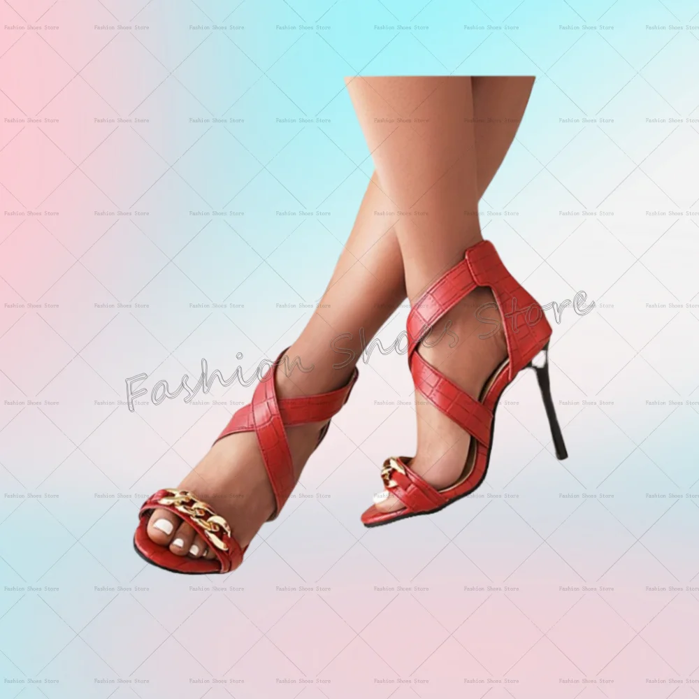 Red Cross Strap Chain Decor Sandals Back Zipper Women Shoes Stilettos High Heels Party Banquet Dating 2025 Zapatos Para Mujere