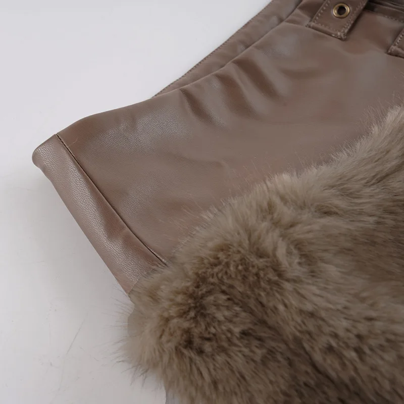 Faux Fur Patchwork Grommet Metal Buckles Pu Leather Shorts Women Chic Sexy Zipper Low Waist Casual Streetwear Bottoms Clubwear