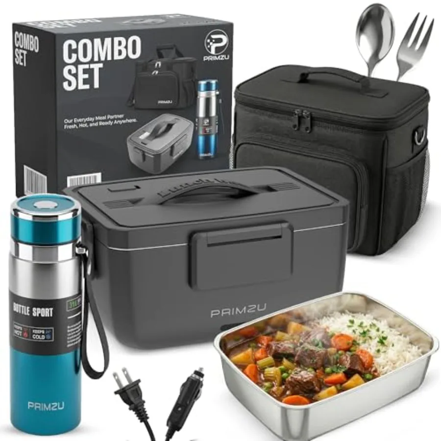 

Electric Lunch Box Combo Set 90W Heated Lunch Box for Office Travel 304 Stainless Steel, Black Fast Heating, Dual-Voltage 12V/2