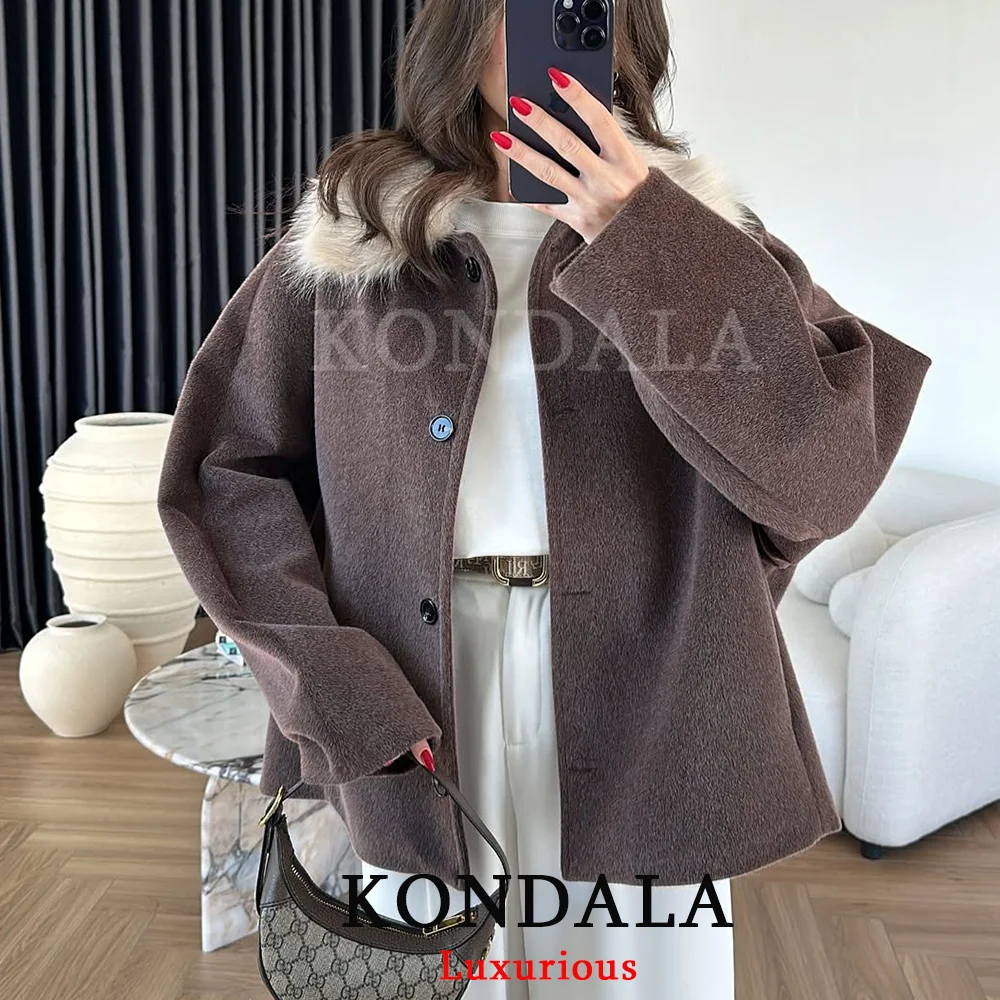 

KONDALA Casual Faux Fur Patchwork Coats Women Single Buttons Long Sleeve Blends Jackets Fashion 2025 Autumn Winter Thick Coats