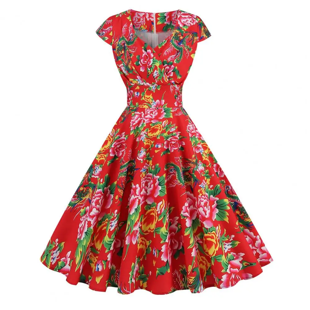 

Chinese Style Floral Women Dress Elegant V Neck Short Sleeve Ethnic High Waist Dress Party Festival Evening Cocktail Dress