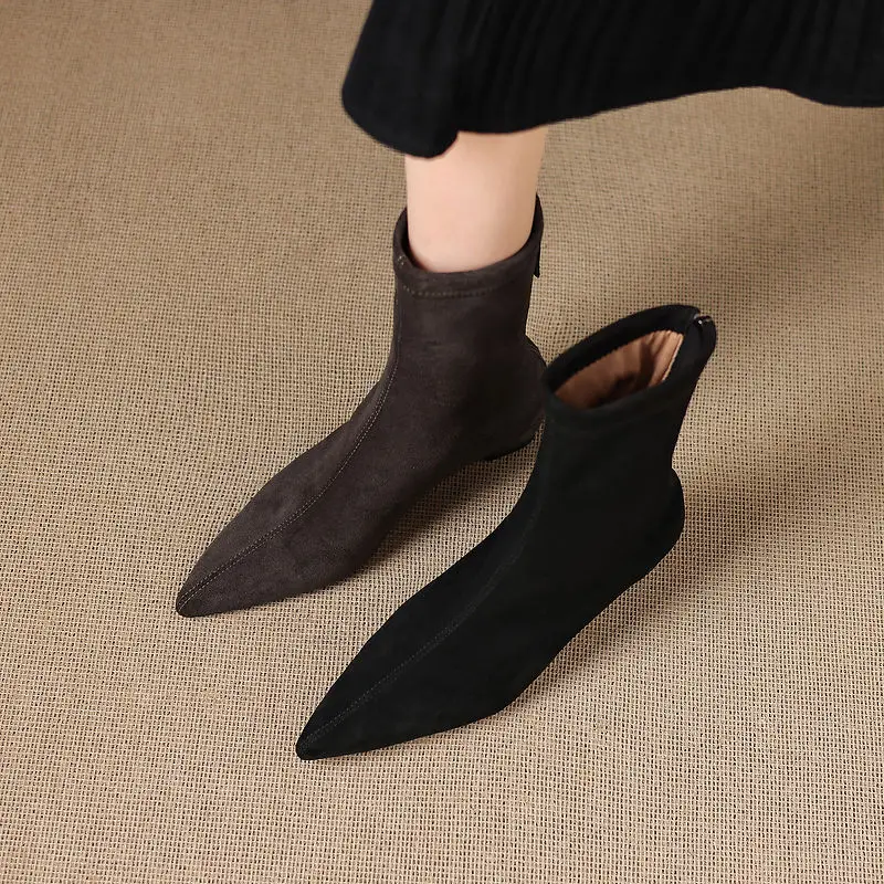 2026 autumn winter women ankle-boots plus size 22-25.5cm flannel+pigskin/plush pointed toe Inner-heeled slim boots stretch boots