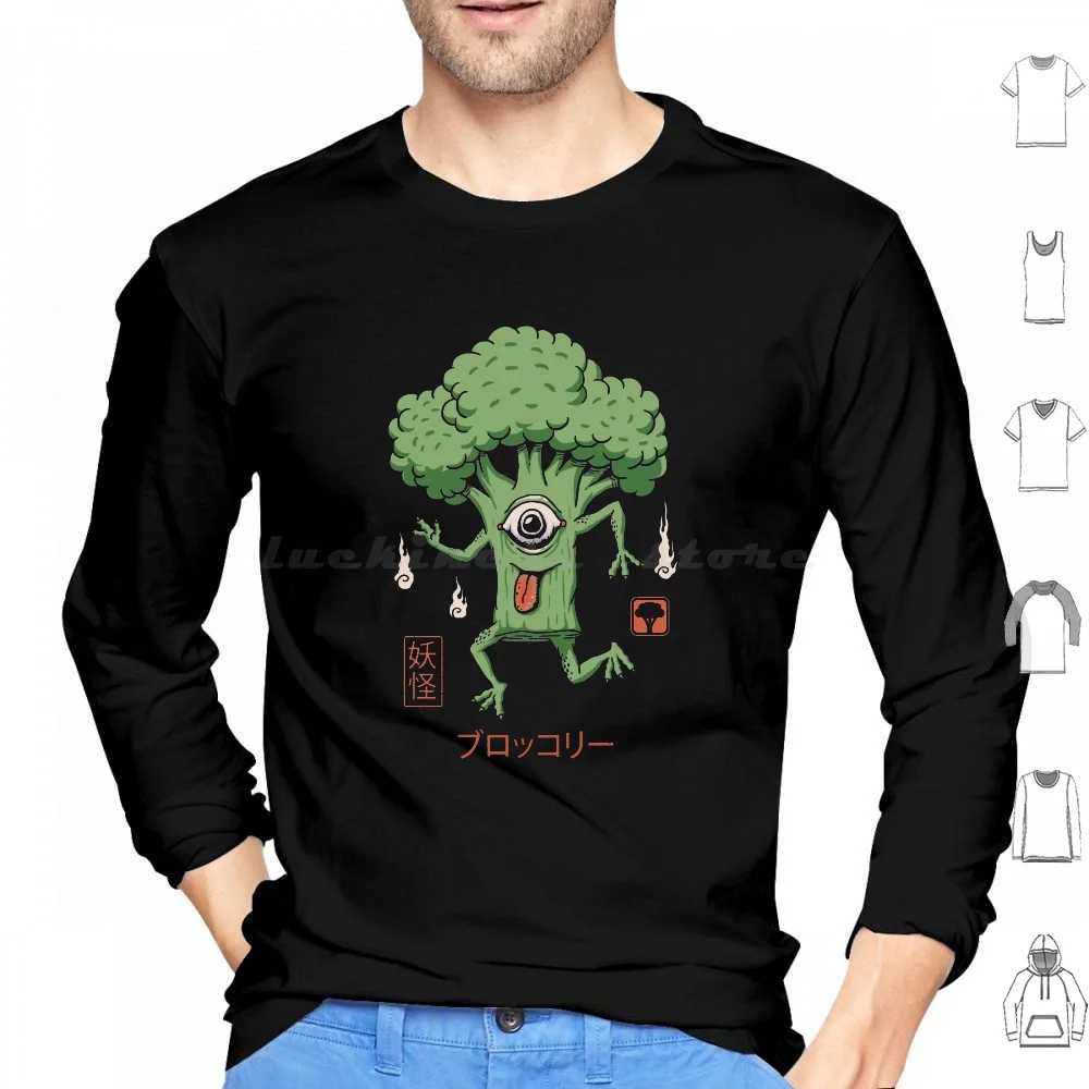 Yokai Broccoli Hoodie Cotton Long Sleeve Yokai Broccoli Food Japanese Kawaii Spirit Ghost Monster