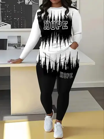 Plus Size Color Block Hope Print Two-Piece Set Casual Round Neck Long Sleeve Top and Pants Set Plus Size Women's Set