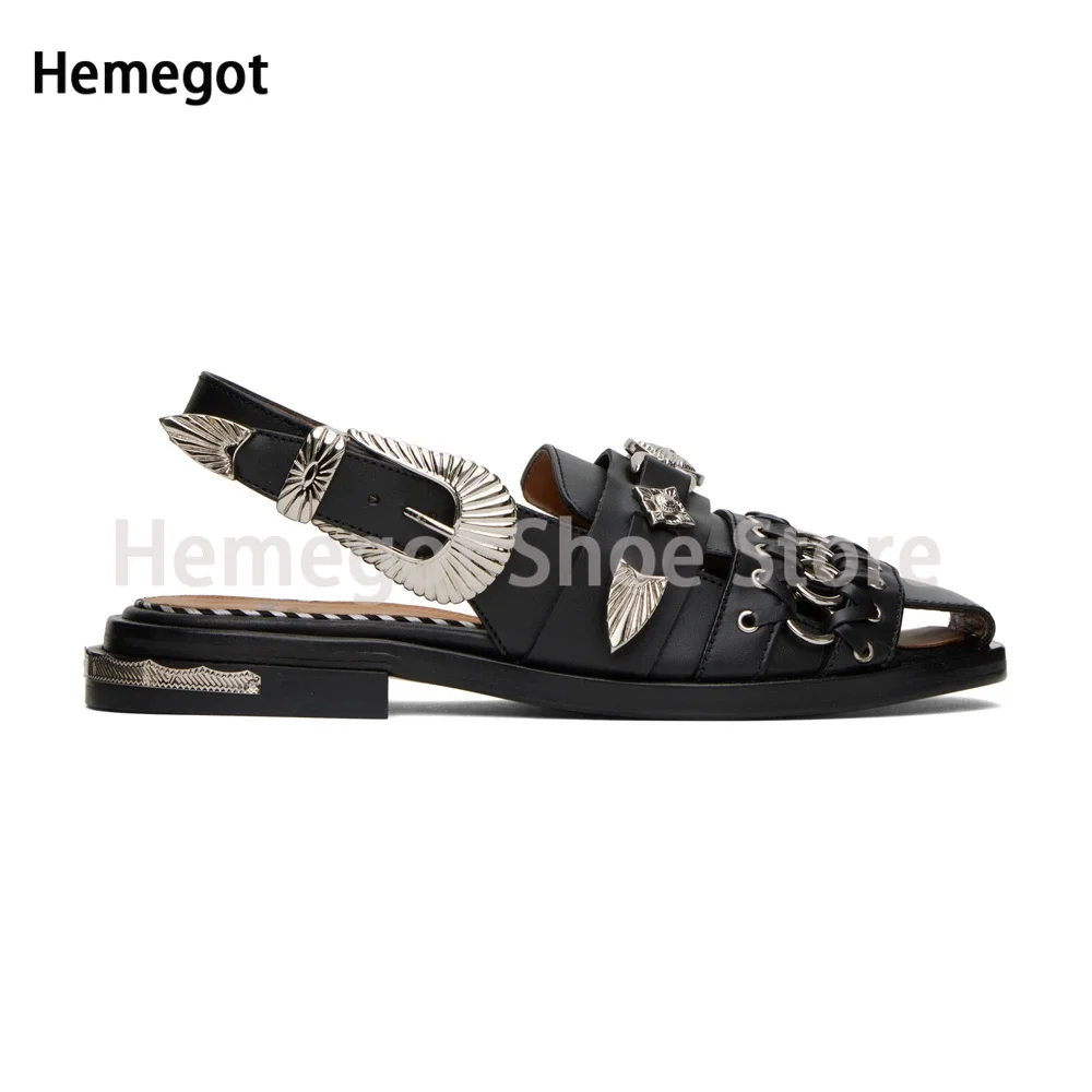 

Metal Decor Hollow Men Sandals Retro Square Toe Flat Summer Males Genuine Leather Outdoor Breathable Luxury Brand Casual Shoes