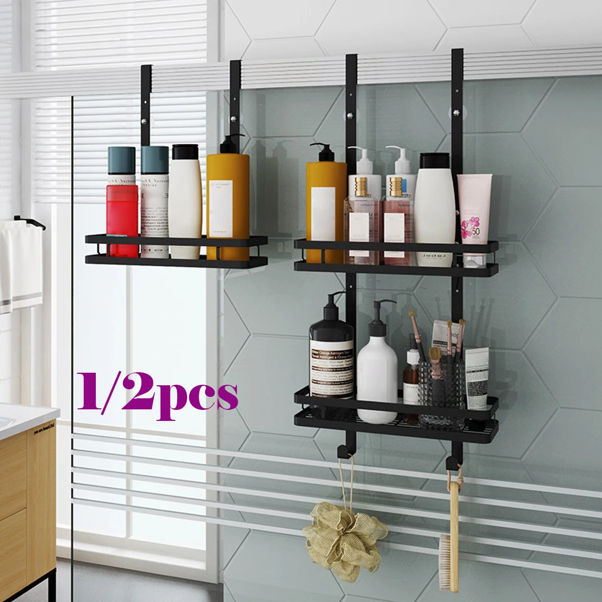 Shower Caddy Hanging Shelf with Hooks Suction Cups Stainless Steel Nail-free Shampoo Storage Shelf Rack Bathroom Basket Holder