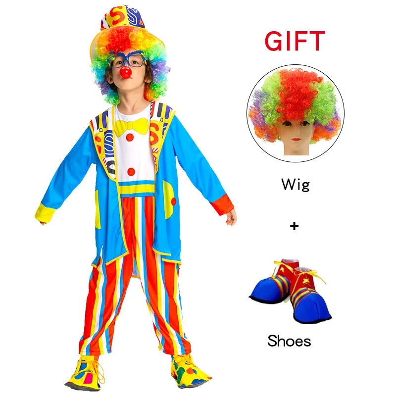 SN60 Kids Clown Cosplay Costumes Coat Hat Halloween Magic Game Party Show Jumpsuits With Shoes Wig1@j$